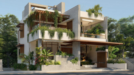 Fototapeta premium Multi-level modern home with rooftop garden