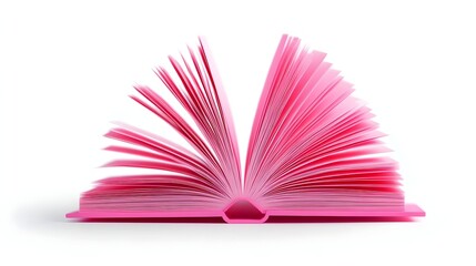 Pink book open pages studio shot, white background, education