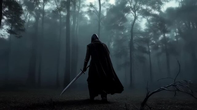A knight in cloaked black holding a sword walking through a misty forest	
