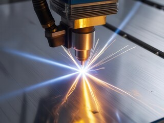 Obraz premium Laser cutting process industrial workshop high-tech equipment steel fabrication close-up precision engineering