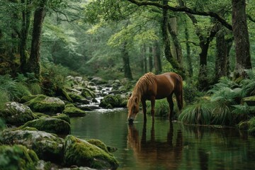 Wild horse drinking from a forest stream