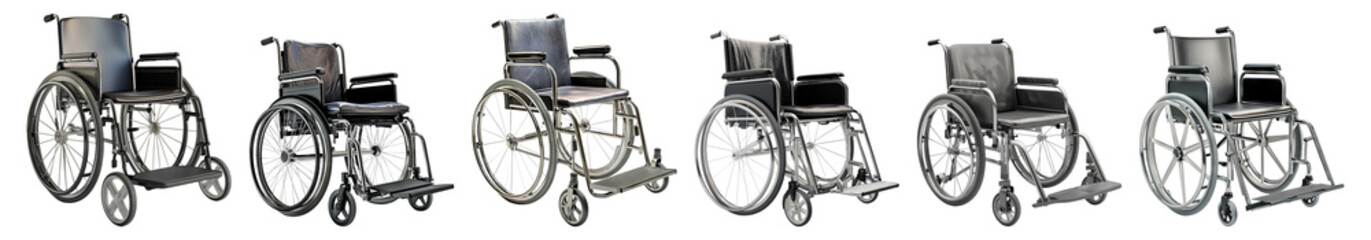 Various Models of Wheelchairs Displayed in a Row for Comparison Isolated Transparent Background