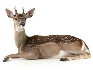 Young Fallow Deer Buck Lying Down on White Background