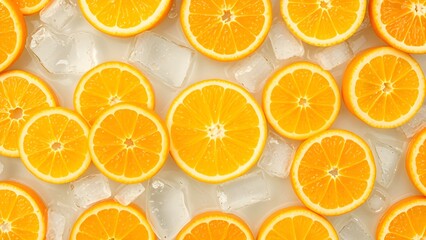 Fototapeta premium Top view of fresh orange slices with clear ice cubes on white background. Ideal for summer drinks, juice ads, or healthy food themes. Bright, natural, and visually refreshing.