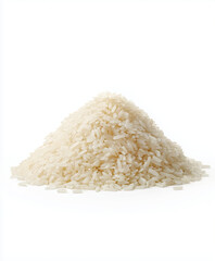 Pile of raw white rice grains isolated on white background, forming a soft conical shape. Clean, minimalistic food concept ideal for packaging and culinary use.