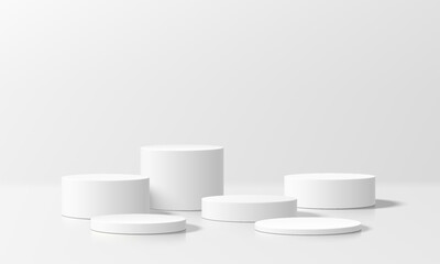 3D white round podium set background with light and shadow. Abstract geometric composition in minimalist design. 3D studio display showroom product pedestal, Fashion stage showcase mockup scene.