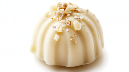 White chocolate truffle with textured fluted sides and crunchy nut topping, isolated on white.