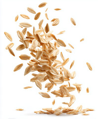 Flying oats in motion isolated on transparent background, showing detailed oat grains cascading mid-air in a dynamic and natural food concept.