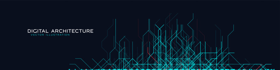 Digital Data Network Architecture With Glowing Lines And Abstract Circuit Patterns On Dark Background. Futuristic Grid System And High-Tech Connectivity Visualization. Vector Illustration.