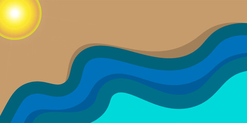 Abstract summer background with sea beach top view art illustration. Tropical beach landscape with beautiful, calm and relaxing seaside beach on a sunny day.