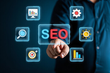 Man Touching SEO Interface with Digital Marketing Icons