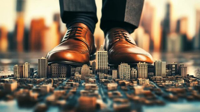 Close up of the legs and shoes a businessman stepping on a tiny city below. Control and authority concept	
