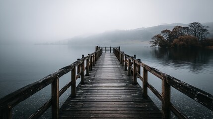 Fototapeta premium Serene wooden pier stretching over calm lake in foggy morning atmosphere