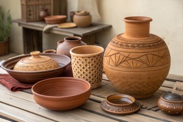 Beautiful collection of handmade clay pottery displayed on rustic wooden table outdoors