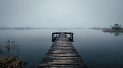 Naklejka premium Serene wooden pier stretching over calm lake in foggy morning atmosphere