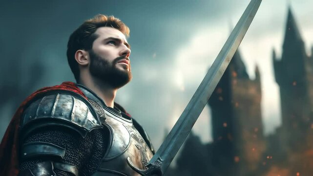 Portrait of a fantastic medieval knight in armor holding sword with castle on background	