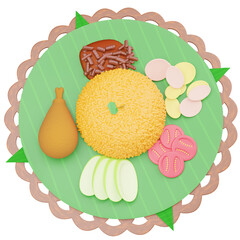 3D illustration of Indonesian Nasi Kuning served with chicken, rice cake, cucumber, and traditional garnishes. A colorful and savory dish.