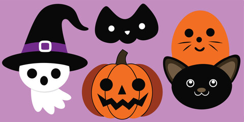 Cute halloween icons featuring a ghost with a witch hat, pumpkin, and various cat designs on purple