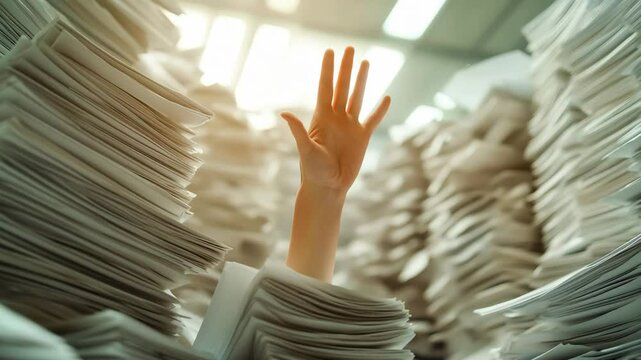 A human hand reaching up from a massive pile of papers, desperately signaling for help, symbolizing extreme workload, stress, and burnout	