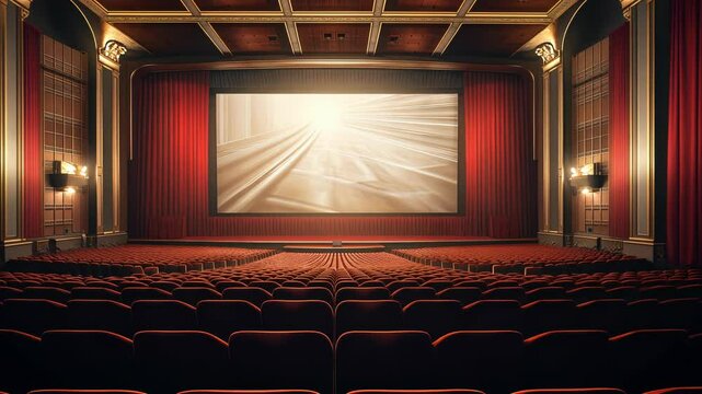 Cinema theater with movie scene on wide screen and empty chairs in the cinema hal