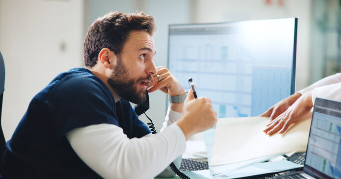 Phone call, receptionist and documents with man in hospital for doctor appointment, multitask and schedule. Healthcare administration, medical consultant and communication with person for insurance