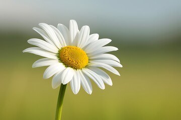 Fototapeta premium A single daisy with white petals and a yellow center against a blurred green and blue background scene