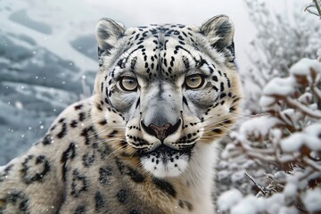 Obraz premium A close up of a snow leopard with its distinctive spotted coat in a snowy winter environment outdoors