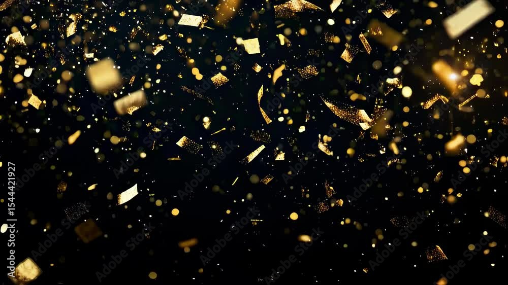 Poster gold confetti falling in a loop on a black background with glittering festive particles