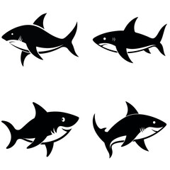 Four Black and White Shark Silhouettes with Dorsal Fins and Caudal Fins