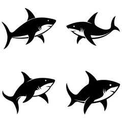 Four Silhouette Shark Illustrations on White Background Marine Animal Art, Minimalist Design