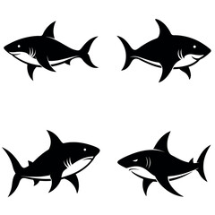 Four Black Shark Silhouette Illustrations with Varying Expressions on a White Background