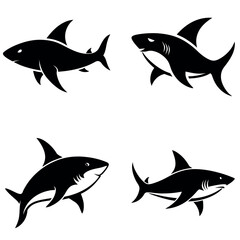 Four Black Shark Silhouettes Facing Left on White Background Simple Graphics Collection