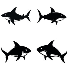 Four Black Shark Silhouettes with Varied Designs on a White Background in a Grid