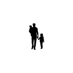 Silhouettes of family father daughter and little son in arms 