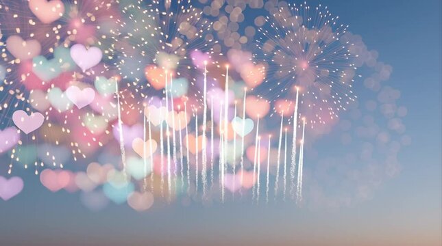 Heart shaped fireworks background, romantic background, abstract background with bokeh effect