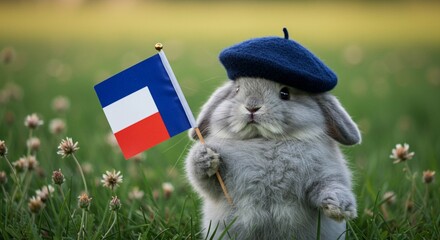 Adorable Gray Bunny in Beret Holding French Flag Photo