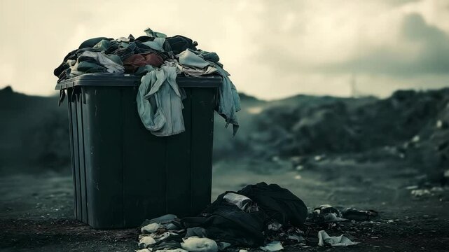 A black trash bin overflowing with discarded clothes, The pile of garments in a waste disposal area, symbolizing waste and overconsumption	

