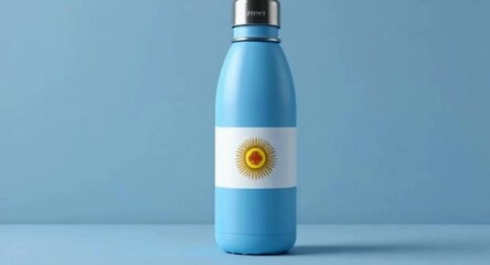 Blue reusable water bottle with white label and yellow logo