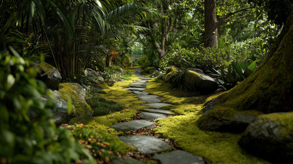Pathway of gravel and moss weaving through