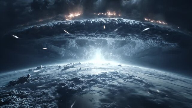 Dramatic View of Earth Under Attack with Fiery Sky and City Lights Catastrophic Destruction of a Planet in a Sci Fi Scenario