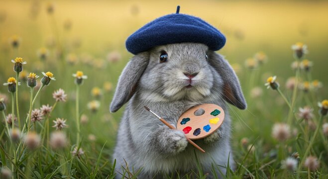 Adorable Grey Rabbit Artist in a Beret with Paintbrush and Palette
