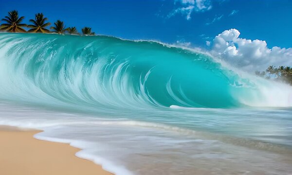 Turquoise Wave Crashing on Sandy Beach with Palm Trees under a Partly Cloudy Sky