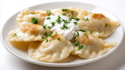 Polish pierogi dumplings with sour cream