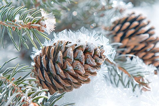 A close up of a pine cone covered in frost on a pine tree branch in a winter scene outdoors in nature