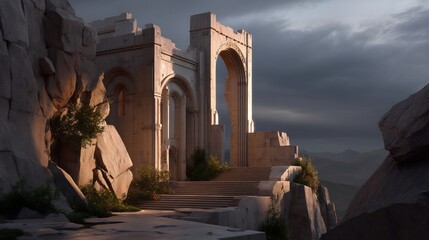 Majestic Ancient Ruins Nestled Amidst Rocky Cliffs with Dramatic Sky Landscape