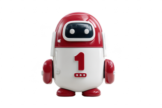 Red and white robot figure, number one
