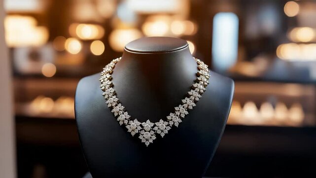 Necklace with pearl and diamond gemstone on stand in shop	