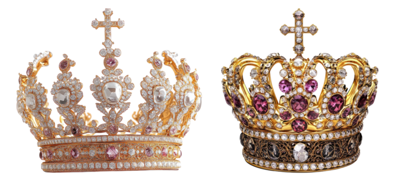 Elegant crowns with jewels and intricate designs displayed stylishly Isolated Transparent Background