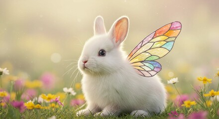 Adorable White Bunny Rabbit with Rainbow Wings in Flower Field - Fantasy Illustration