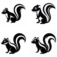 Four Black and White Skunk Illustrations with Striped Tails in Simple Style